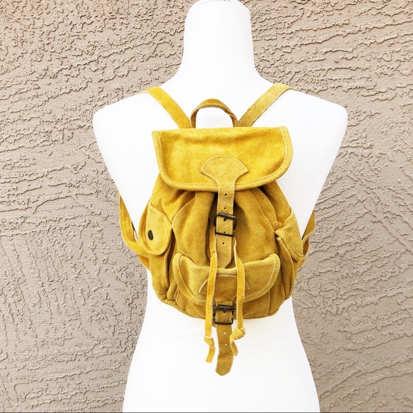 Vintage Handbags - VINTAGE Mustard Suede Leather Mini Backpack Bag